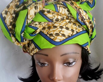 Green and Biege African Fabric Ankara Head Wrap 20" X 71" inch