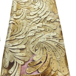 2.5 Yards High Quality Gold Embroidered African Bridal Tulle Fabric Lace Fabric With Stones And Pearls.  53&quot; inch