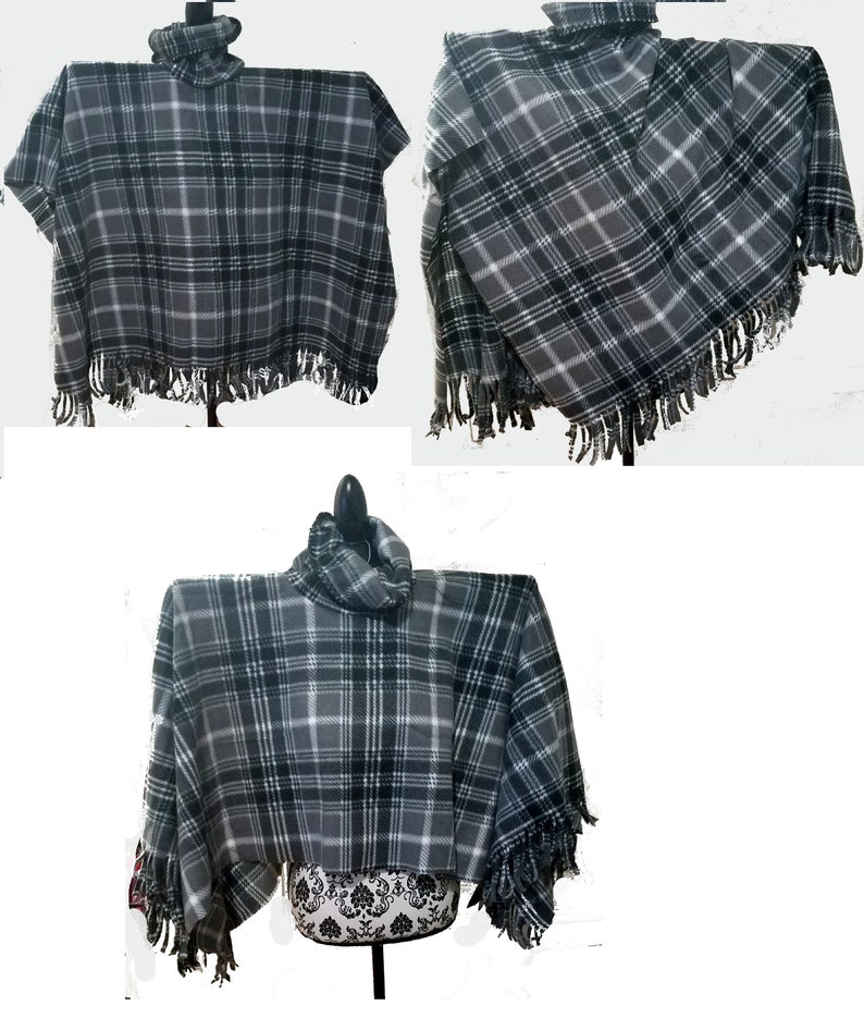 Gray Plaid  Fleece Fringed Poncho With Cowl Neck