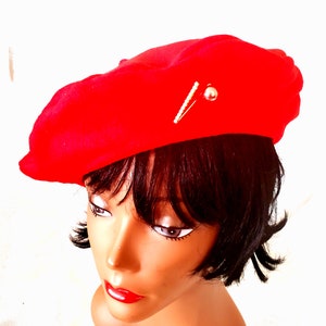 Large Red Unisex French Fleece Beret Hat Plain Solid Red Color