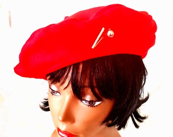 Large Red Unisex French Fleece Beret Hat Plain Solid Red Color