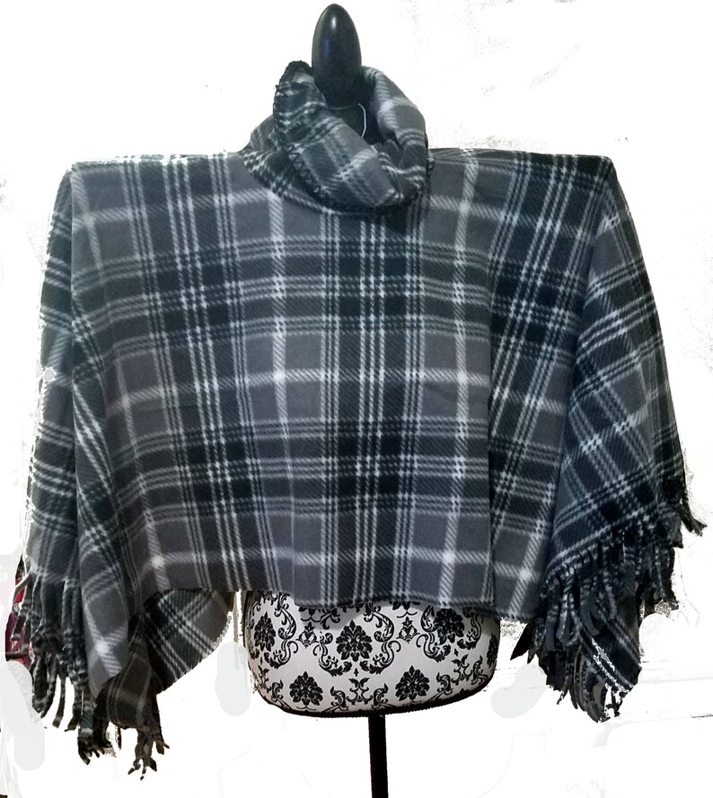 Gray Plaid Fleece Fringed Poncho With Cowl Neck