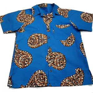Blue African Ankara Cotton Prints Men&#39;s Short Sleeve Button Down Collar Shirt. Size L, XL