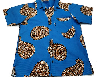Blue African Ankara Cotton Prints Men's Short Sleeve Button Down Collar Shirt. Size L, XL