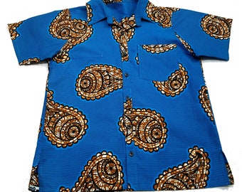 Blue African Ankara Cotton Prints Men's Short Sleeve Button Down Collar Shirt. Size L, XL