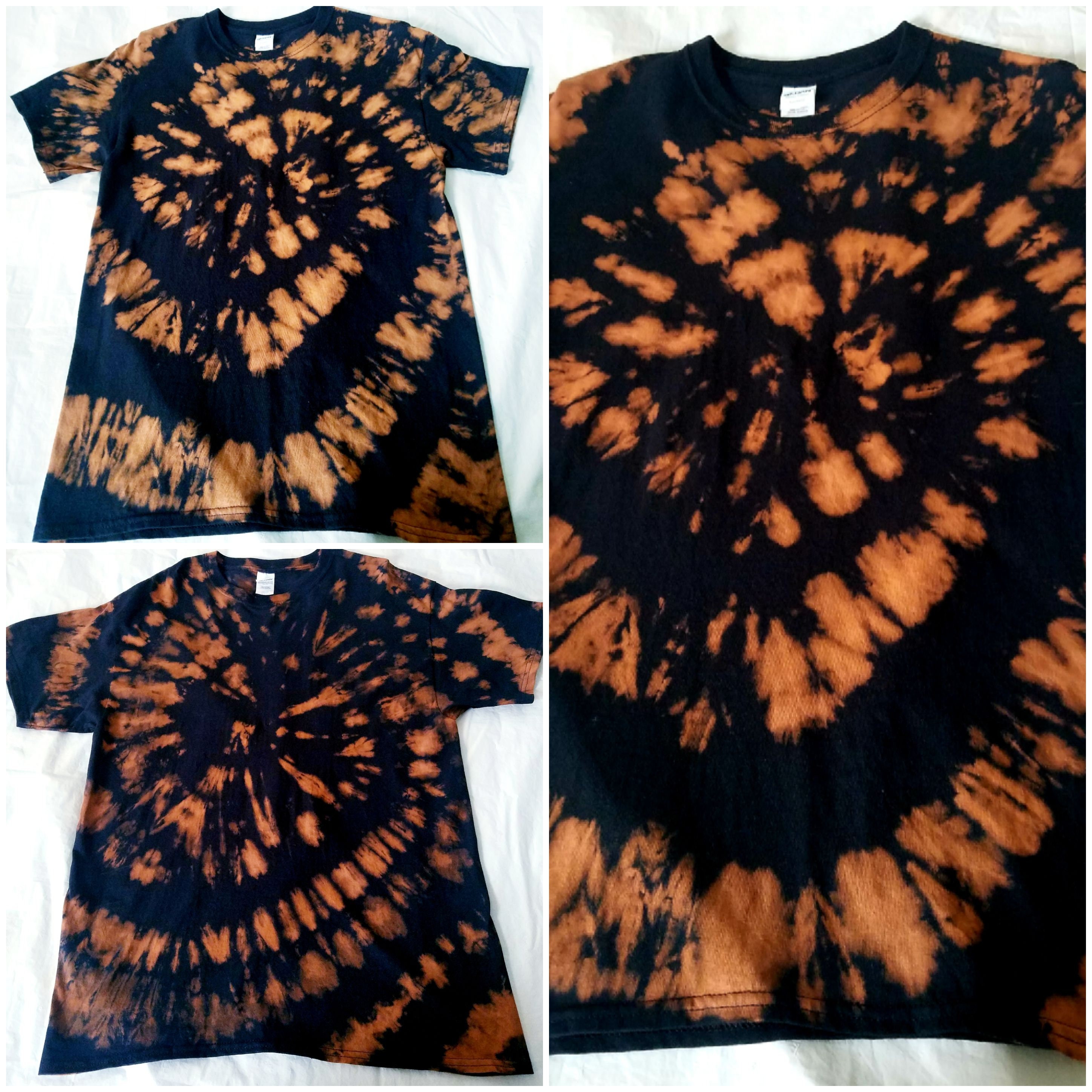 Black Brown Bleach Tie Dye Spiral Design T-shirt. Size Large