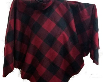 High Turtle Wide Neck Cozy Plaid Fleece Poncho . Fringed /Infringed. More Colors