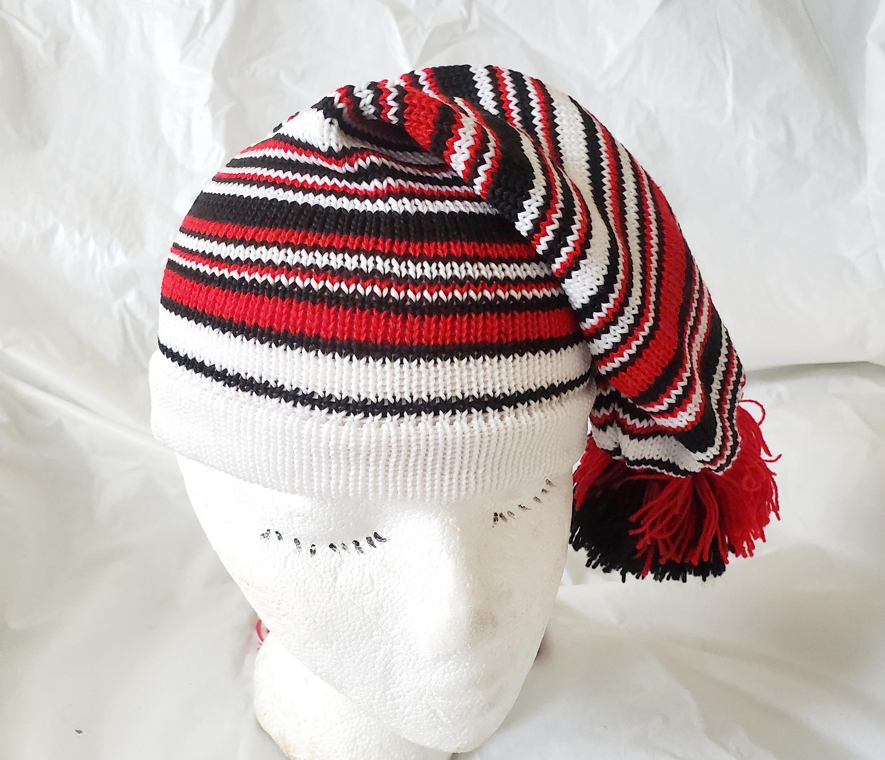 Traditional Isiagu Knitted Igbo Hat Red, Black and White Striped Wool Hat Regular Size Traditional Isiagu Knitted Igbo Hat Red, Black and White Striped Wool Hat Regular Size