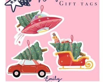 Christmas tree on sleigh, car and spaceship. Illustrated Christmas gift tags