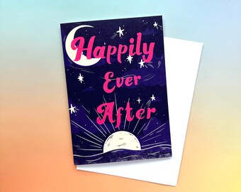 Happily ever after illustrated celestial, fairy tale greeting card, anniversary/engagement