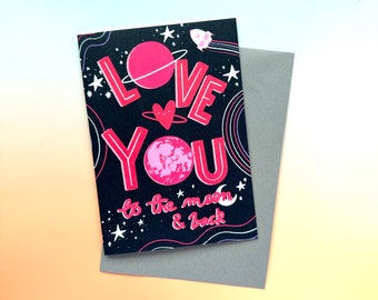 Love you to the moon and back, celestial greeting card, anniversary/engagement