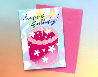 Happy Birthday, birthday cake pastel greeting card A6