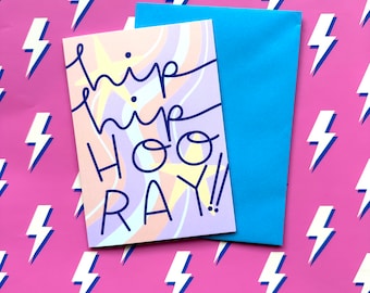Hip Hip Hooray, celebration pastel illustrated greeting card