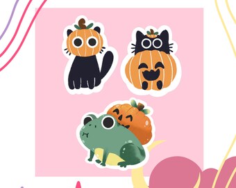 Pumpkin cat, pumpkin frog illustrated holographic sticker