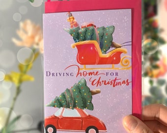 Driving home for Christmas, A6 illustrated Christmas greeting card