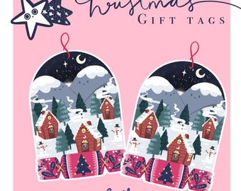 Christmas snow globe illustrated gift tags, set of 2