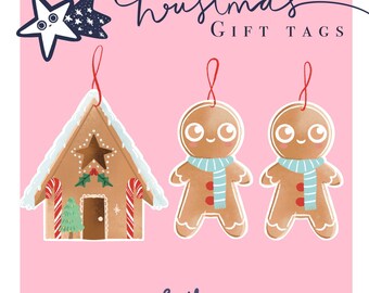 Set of 3, gingerbread man and house Christmas gift tags