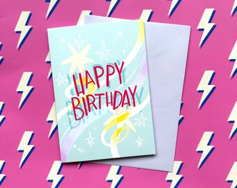 Happy Birthday, fun pastels celebration illustrated greeting card A6