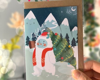 Christmas Yeti illustration, fa la la la Christmas card, A6 Christmas greeting card