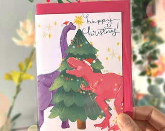 Dinosaur Christmas Card, illustrated A6 Christmas card,