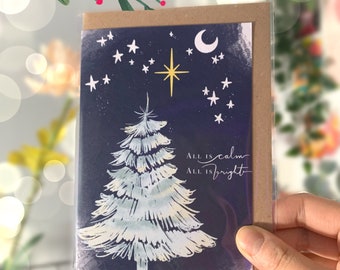 All is calm, all is bright, Christmas tree illustrated A6 Christmas greeting card