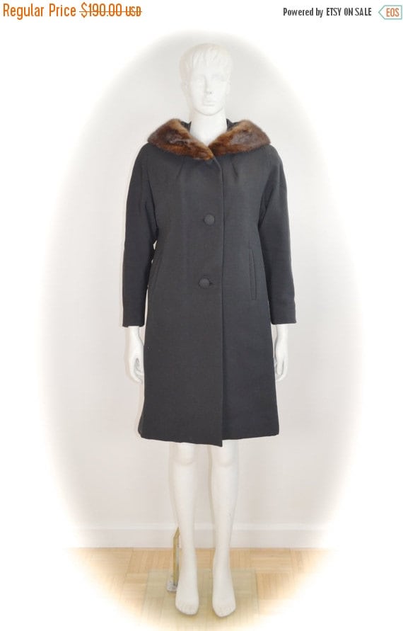 ON SALE black mod 60s swing coat with mink collar: