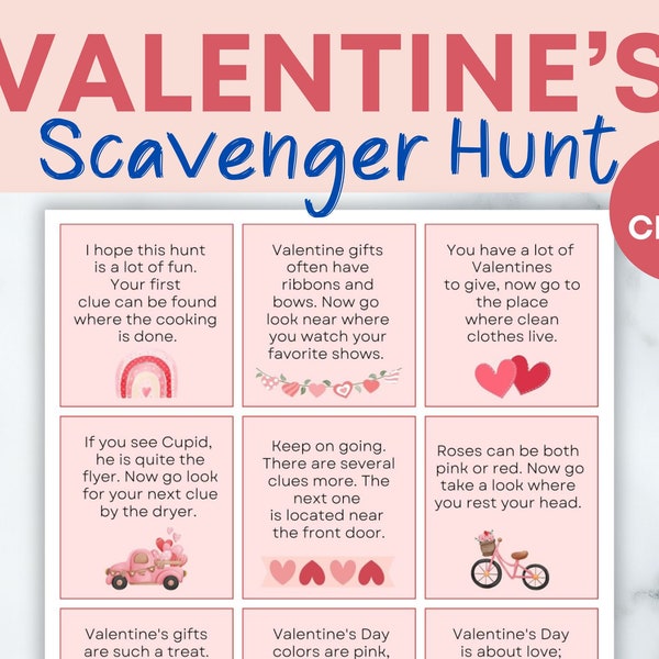 Valentine's Day Scavenger Hunt for Kids | Valentines Printable Games for Kids | Valentines Treasure Hunt Clues Valentines Day Gift for Kids