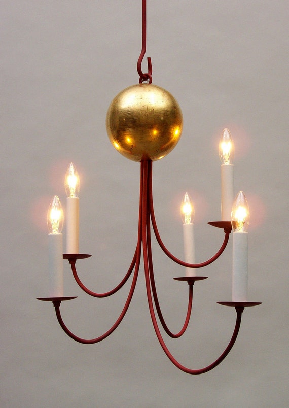 Moon Chandelier 23 Kt Gold Leaf With 5 Arms Red Milk Paint Traditional Light Fixture