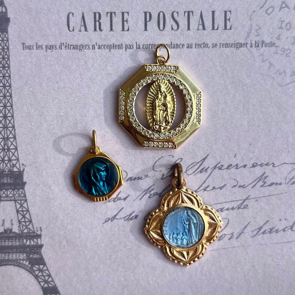 Beautiful Antique Vintage Religious Holy Mary Pendants golden enamel blue virgin mary french medailles choose your high end medaille