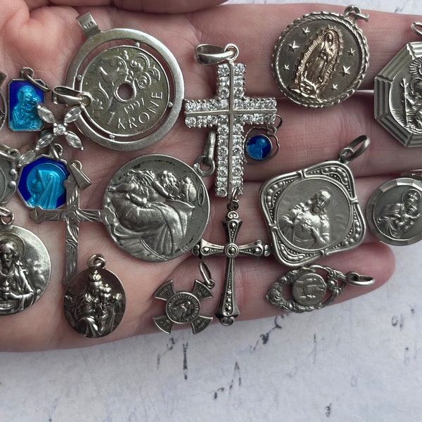 Lovely French Antique Silver Pendants Holy Mary Jesus Crucifix Cross Charms Choose from 22 High End Beautiful Real Sterling Silver Pendants