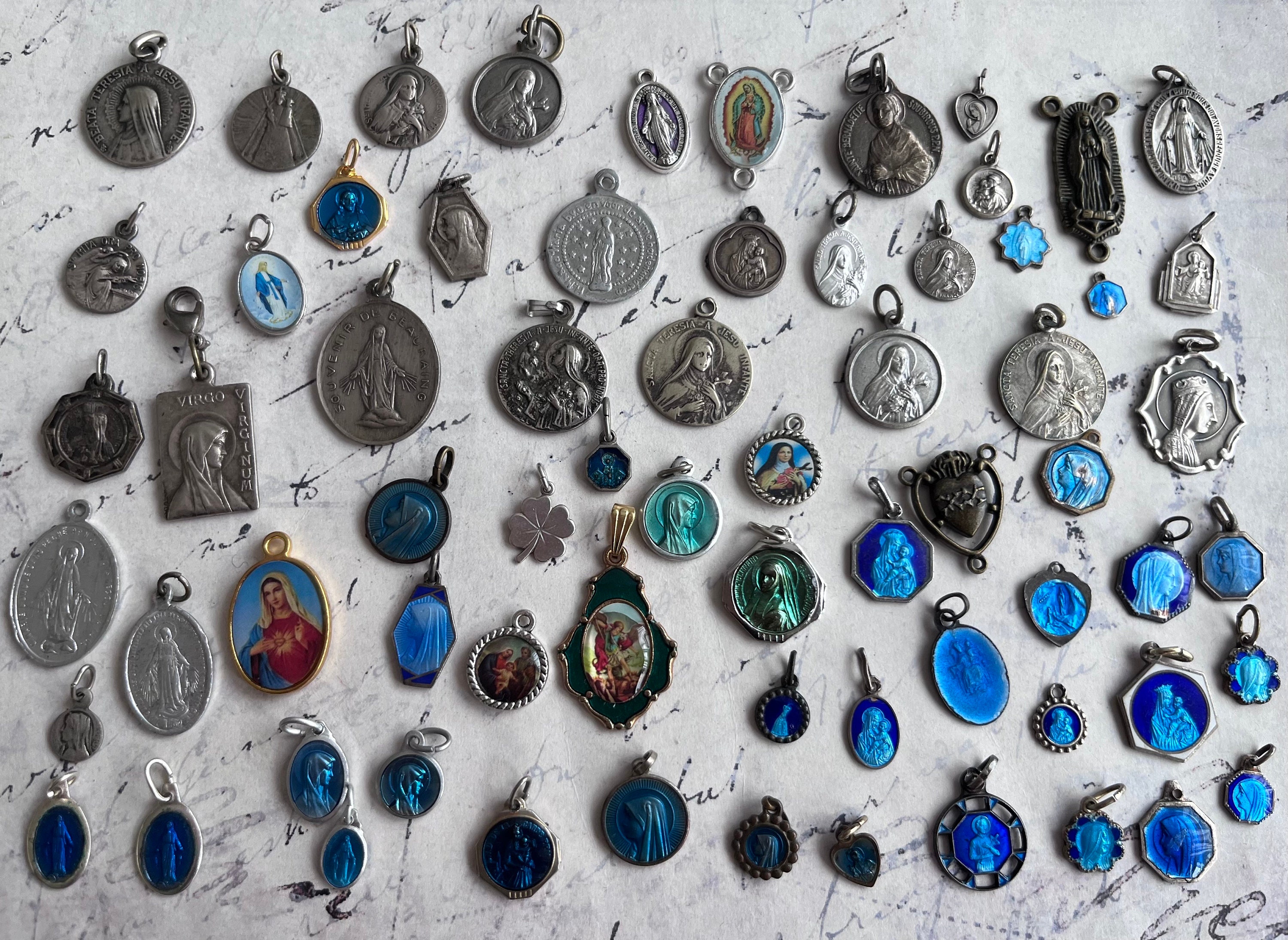 Antique Holy Mary Religious  Charms Pendants Vintage French medailles set of 79 pieces choose your unique necklace Christmas gifts