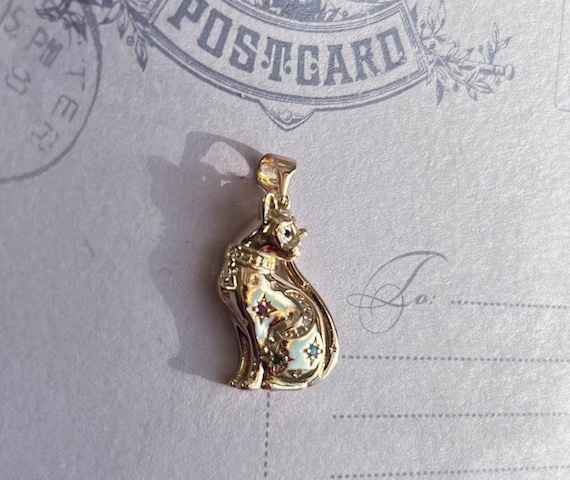 Beautiful 18K Magical Witch Cat Goldfilled pendant charm Medaille golden vintage style stylish Moon Star crystal high-end necklace gift 22in