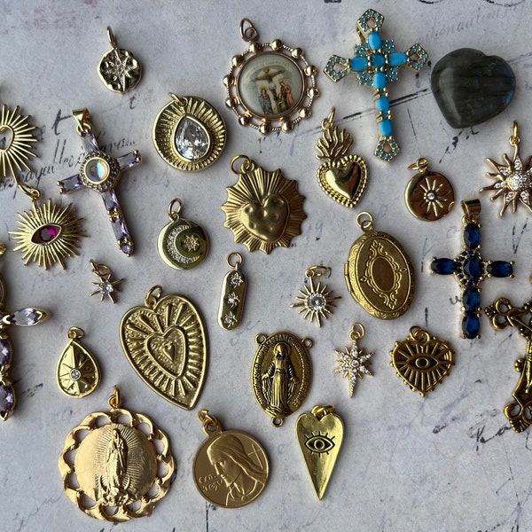 Beautiful French Vintage Stylish Religious Style Pendants Charms Crucifix Mary Holy Maria goldfilled 18k France germany italy choose from 28