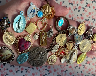 Lovely French Vintage Religious Charms in great condition diverse metals gold plated silver roses lockets holy mary jesus god antique choose