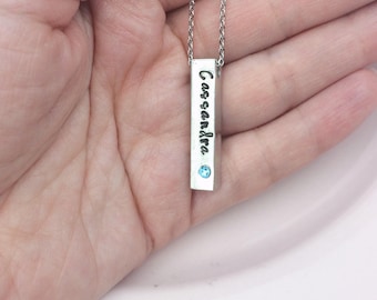 Personalized birthstone and name bar necklace / Hand stamped necklace / Mother&#39;s necklace