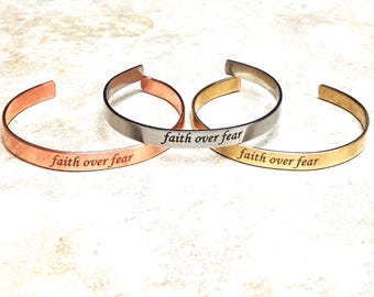 Faith Over Fear Engraved Cuff Bracelet / Inspirational Jewelry / Motivation Gift