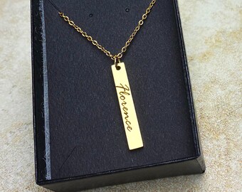 Personalized Name Bar Necklace: Engraved Stainless Steel Pendant