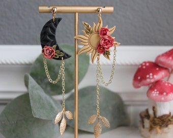 Mystical Dark Forest Moon and Sun Earrings, Dark Cottage Core Witch ...