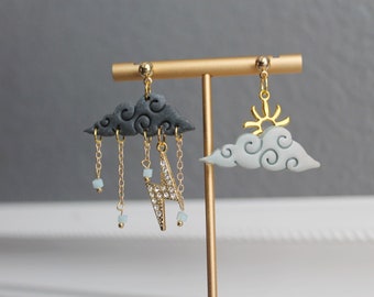 Clay cloud earrings | gold accented | statement earrings | storm cloud earrings | sunny earrings| Stormy Earrings | Lightning Rain jewelry