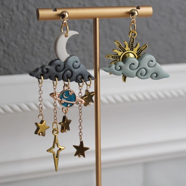 Planet Earrings | Gold Star and Sun Charms | Outer Space Dangles | Gloomy Cloud Earrings | Sunny Earring | Moon and Sun Mystical Jewelry
