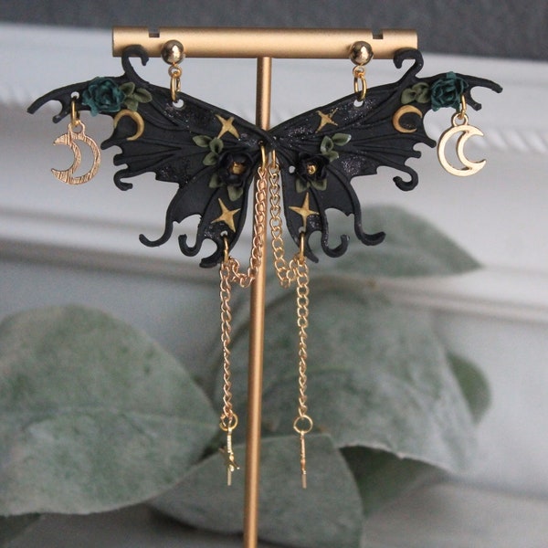 Moth Earrings, The Midnight Moth,Butterfly wing,Handmade Polymer Clay Earrings, Mystical Dark Forest, Dark Cottage Core, Fairy Wing Earrings