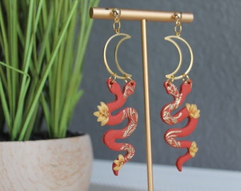 Snake Moon Earrings | Orange and Gold Bohemian Earring | Handmade Polymer Clay Jewelry | Garden Serpent | Hypoallergenic | Mystical Dangles