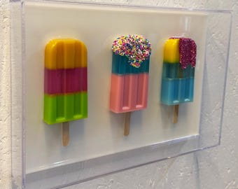 Geschenk, Bilder, Pop Art, Street Art, Bio Resin Art, 3D Wandkunst, Abstrakt, Unikat,Eis am Stiel