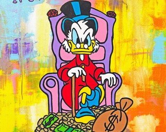 May include: A colorful painting featuring a cartoon duck character wearing a top hat and red coat, sitting on a purple chair. The text IT'S HARD TO BE RICH is at the top. The character is surrounded by piles of gold coins, green cash, and a money bag.