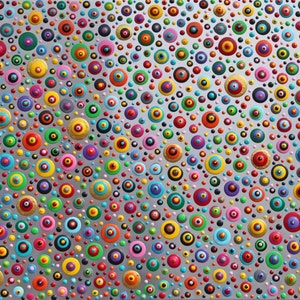May include: A silver background with a pattern of colorful circles. The circles are of varying sizes and have a black center with a ring of color around it. The colors include red, orange, yellow, green, blue, purple, pink, and gold.