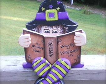 Cute Halloween Witch in Training hand painted shelf sitter wood craft