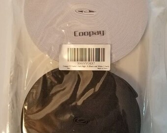May include: Two rolls of elastic, one black and one white, in a clear plastic bag. The label reads "Coopay 22 Yards 1 Inch High - Black and White 1 Inch - Made in China" and has a barcode with the number "N001VV0EX7".