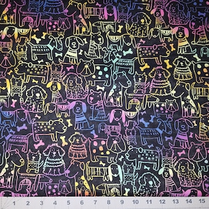 Rainbow Dogs on Black - 1/2 yard - 100% Cotton Woven Fabric