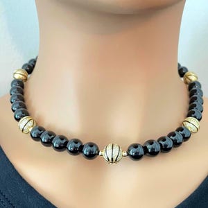 Gold Bead Necklace, Black Onyx Necklace, Beaded Onyx Necklace, 10mm, Black Gemstone Jewelry, Black Beaded Necklace, Gold-Filled Necklace