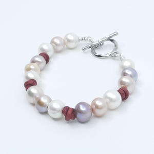 Multicolored Freshwater Pearl & Leather Bracelet, Handmade Jewelry, Silver Toggle Clasp, Boho, Gift for Her